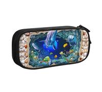 HAHAFU Underwater World Blue Marine Life Double Layer Large Capacity Pencil Case, Full Print Oxford-Cloth Pencil Pouch with Multiple Compartments,Customizable Smooth Zipper Stationery Bag