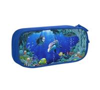 HAHAFU Underwater World Fish Dolphi Double Layer Large Capacity Pencil Case, Full Print Oxford-Cloth Pencil Pouch with Multiple Compartments,Customizable Smooth Zipper Stationery Bag