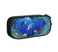 HAHAFU Underwater World Fish Dolphi Double Layer Large Capacity Pencil Case, Full Print Oxford-Cloth Pencil Pouch with Multiple Compartments,Customizable Smooth Zipper Stationery Bag