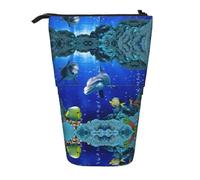 HAHAFU Underwater World Fish Dolphi Telescopic Pencil Case, Oxford-Cloth Adjustable Pencil Pouch with Zipper, Multi-Functional Portable Stationery Bag for School Office
