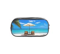 HAHAFU White Beach Tropical Sea Clear Pencil Case with Full Print On Front Panel,Transparent PVC Pouch, Lightweight Wear-Resistant, Zipper Closure for School, Office, Travel