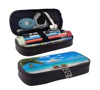 HAHAFU White Beach Tropical Sea Pencil Case for Girls Boys,Leather Personalised Print Large Stationery Pencil Case with Compartments.
