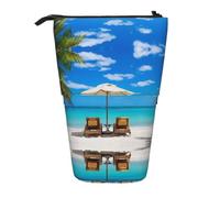HAHAFU White Beach Tropical Sea Telescopic Pencil Case, Oxford-Cloth Adjustable Pencil Pouch with Zipper, Multi-Functional Portable Stationery Bag for School Office