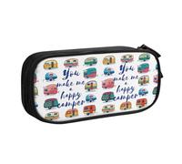HAHAFU You Make Me Happy Camper Trailer Double Layer Large Capacity Pencil Case, Full Print Oxford-Cloth Pencil Pouch with Multiple Compartments,Customizable Smooth Zipper Stationery Bag