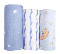 hahaland 100% Bamboo Muslin Swaddle Blankets 3 Pack (1 Large 120x120cm + 2 Standard 100x100cm), Ultra Soft Breathable Baby Swaddle Cloths Newborn Essentials, Shower Gift for Boys & Girls (Blue)