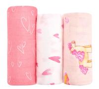 hahaland 100% Bamboo Muslin Swaddle Blankets 3 Pack (1 Large 120x120cm + 2 Standard 100x100cm), Ultra Soft Breathable Baby Swaddle Cloths Newborn Essentials, Shower Gift for Boys & Girls (Pink)