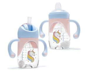 hahaland 2 in 1 Baby Cups & Sippy Cup with Straw and a Spout 240ML, Toddler Drinks Water Bottles Trainer Cup with Handles for Babies 6 12 Months - Unicorn (One Cup with 2 Nipples)