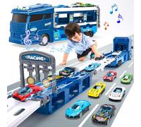 HAHALAND 2 in 1 Car Carrier Age 3+ Transforms into Race Tracks with Dual Launcher - Toys for Boys Ages 3-5, Easter Basket Stuffers