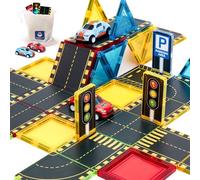 hahaland 38 PCS Magnetic Tiles Road Toppers Set for Kids Ages 3-5, Magnetic Building Blocks with Cars Toys for 3-5 Years Old Boys and Girls Stem Toys Birthday Gifts for Age 3 4 5 6 7 Year Old