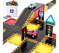 hahaland 62 PCS Magnetic Tiles Road Toppers Set for Kids Age 3+, Magnetic Building Blocks with Cars Toys for Boys and Girls Stem Toys Birthday Gifts