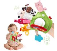 hahaland Baby Toys 6-12 Months, Baby Sensory Toy with Mirror, Soft Farm Animal Hand Puppet for Toddlers, Interactive Plush Toy with Teether & Crinkle Sounds, Montessori Learning Toy for Boys & Girls