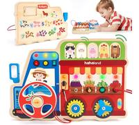 hahaland Wooden Busy Board for Toddlers Age 3+, Montessori Sensory Activity Board with LED Lights, Steering Wheel, Gears, Switches & Farm Animals, Fine Motor Skills Educational Toys for Boys Girls