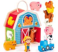 hahaland Wooden Stacking Toys for Toddlers 1-3 Farm Animals Shape Sorter | 1st Birthday Gifts for Boy Girl Gifts for 1 2 3 Year Old Montessori Matching & Stacking Learning Toy with Tractor Farm Barn