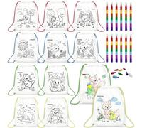 HahaMagic 12 PCS colorable drawstring party bags for kids with 12 stackable crayons (7 colors in one), suitable as birthday return gift bags and pre filled party favour