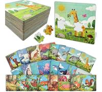 HahaMagic Puzzles for Kids, 24 Pack 16 Pieces Toddler Jigsaw Puzzles with Base Board, Individually Wrapped Animal Educational Toys for Party Favors Birthday Gifts Classroom Rewards