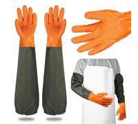 Hahhhha 1 Pair Long Rubber Gloves,27" Fabric Lining Cleaning Pond Gloves,Full Arm Work Gloves for Men and Women,Drain Waterproof Gloves for Gardening Fishery Aquarium(Orange)