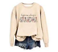 hahuha French Sweatshirt Ladies Hoodless Sweatshirts Grandma Sweatshirt For Women Fall Crew Neck Sweatshirts No Hood Happiness Is Being A Grandma Cute Tunic Top (Beige, S)