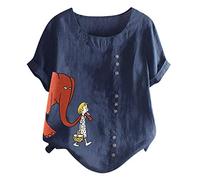 hahuha Womens Casual Shirts Slim Fit Work Top in 2024 Plus Blouse Women Tops Loose Size Button Shirt O-Neck Tunic Casual Printed Women's Blouse Top Women Summer (Navy, L)