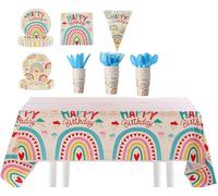 HAI.R.J 91Pcs Retro Rainbow Birthday Party Set - Disposable Tableware for 10 Guests, Plates, Cups, Napkins, Tablecloth & Banner - Fun Colorful Design for Kids - Party Decorations