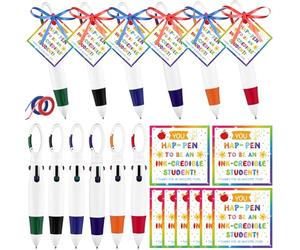 Haiabei 24 Set End of Year Gifts for Students Graduation Shuttle Pens 4-in-1 Multicolor Pen Retractable Ballpoint Pens with Buckle Keychain on Top End of Year Gift Tags Ribbon for Office Classroom
