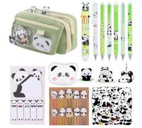 Haiabei 73 Pcs Panda Theme Pencil Pouch Set Panda School Supplies Set with Cute Pencil Case 10-color Ballpoint Pen Keychain Brooch Paperclip Stickers Sticky Memo Note Panda Gift for Office Party Favor