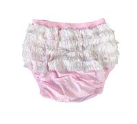 Haian Adult Frilly Plastic Rumba Incontinence Pull-on Plastic Pants with White PVC Frilly (Large, Baby Pink)