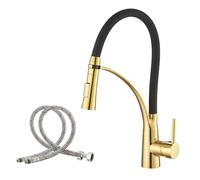 Haiba Gold Kitchen Sink Tap with Pull Down Dual Function Sprayer, Single Lever Swivel Kitchen Mixer Taps with Black Silicone Hose, Solid Brass
