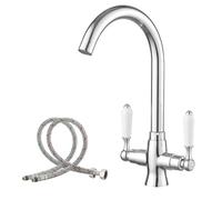 Haiba Kitchen Mixer Tap Sink Faucet 1 Hole Brass Material Dual Lever Monobloc Gooseneck High Arch 360 Swivel Spout Chrome Sink Taps Deck Mount with Flexible Hoses