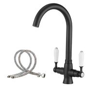 Haiba Kitchen Mixer Tap Sink Faucet 1 Hole Brass Material White Ceramic Dual Lever Monobloc Gooseneck High Arch 360 Swivel Spout Matte Black Sink Taps Deck Mount with Flexible Hoses