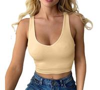 Haibang Crop Tops for Women Sexy V Neck Double Lined Tank Top Sleeveless Racer Back Vest Tops Seamless Slim Fit Sport Yoga top Summer Going Out Tops for Lady Girls Daily Wearing Khaki