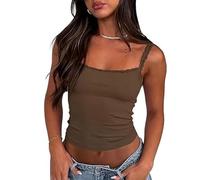 Haibang Vest Tops Women UK Sexy Lace Trim Tank Tops for Women Y2K Spaghetti Strap Summer Cami Top Slim Fit Going Out Camisole Fashion Streetwear Coffee