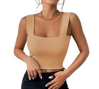 Haibang Vest Tops Women UK Sexy Square Neck Crop Tops Sleeveless Slim Fit Tank Tops Double Lined Workout Vests Summer Cami Top Fashion Streetwear Khaki