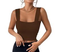 Haibang Vest Tops Women UK Sexy Square Neck Crop Tops Sleeveless Slim Fit Tank Tops Double Lined Workout Vests Summer Cami Top Fashion Streetwear Coffee