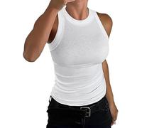Haibang Vest Tops Women UK Sleeveless Racerback Tank Top High Stretch Ribbed Knit Basic Tops Women Sexy Slim Fit Round Neck Camisole Shirts Workout Gym Tops for Daily Wearing White