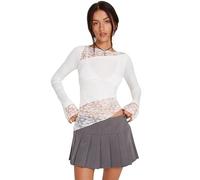 Haibang Women Lace Long Sleeve Top Sexy Mesh Sheer Crew Neck T Shirts Sexy Y2k Crop Tops Asymmetrical Hem Going Out Tops Streetwear White