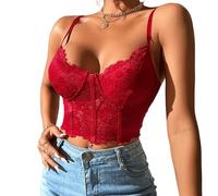 Haibang Women's Lace Corset V Neck Crop Top - Spaghetti Strap Cami Backless Slim Fit Camisole With Mesh Bustier - Sleeveless Tank for Party Clubwear