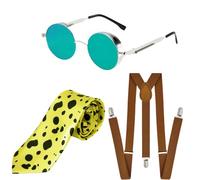 HAICN 3pcs Necktie Suspender Glasses Set Green Retro Steampunk Goggles Glasses Anime Cosplay Leopard Print Tie and Brown Suspenders Anime Cosplay Prop Accessories