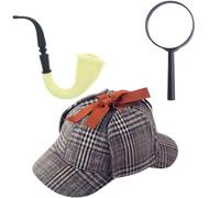 HAICN 3Pcs Sherlock Holmes Fancy Dress Accessory Set Deerstalker Hat Pipe and Magnifying Glass Detective Cosplay Kit Victorian Costume Props for Adults Halloween Carnival Party