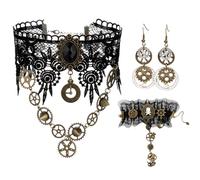 HAICN 3Pieces Steampunk Accessories Set Gothic Vintage Clockwork Earrings and Choker Necklace Lace Wristband Bracelet Punk Party Cosplay Jewellry Set for Women