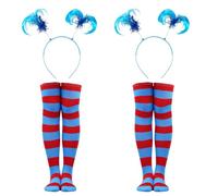 HAICN 4Pieces World Book Day Thing Costume Set Blue Ponytail Headband Striped Knee Socks Cat Costume Accessories for Kids Halloween Cosplay Party Pretend Play