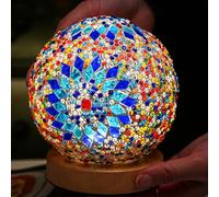HAIDOLIANG Turkish Table lamp (D:4.7" x H:5.2"),Mosaic Glass Lamps with Wooden Base, Bohemian Tiffany Bedside Lamps, USB Power Moroccan Lantern for Living Room Decorations (Boho - Blue, Boho)