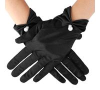 HaiFafafaing Short Satin Gloves Black Wrist Length Wedding Gloves 1920s Pearl Bridal Glove Banquet Opera Tea Party Tuxedo Uniform Dress Glove for Women and Girls (Black)