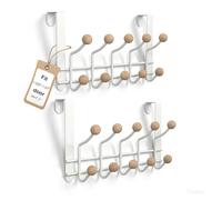 2 Pack Over The Door Hooks,Sturdy Metal Over Door Organizer Rack with 10 Wooden Hooks for Living Room, Bathroom, Bedroom, Kitchen Hanging Clothes, Towels, Hats, Coats, Bags-White