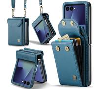 HAII for Samsung Galaxy Z Flip7（2025） Wallet Case, Women Men RFID Blocking Hinge Protector Pu Leather Magnetic Closure Card Holder and Shockproof TPU Shoulder Strap Wrist Strap (Blue)