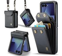 HAII for Samsung Galaxy Z Flip7（2025） Wallet Case, Women Men RFID Blocking Hinge Protector Pu Leather Magnetic Closure Card Holder and Shockproof TPU Shoulder Strap Wrist Strap (Black)
