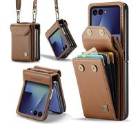 HAII for Samsung Galaxy Z Flip7（2025） Wallet Case, Women Men RFID Blocking Hinge Protector Pu Leather Magnetic Closure Card Holder and Shockproof TPU Shoulder Strap Wrist Strap (Brown)