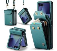 HAII for Samsung Galaxy Z Flip7（2025） Wallet Case, Women Men RFID Blocking Hinge Protector Pu Leather Magnetic Closure Card Holder and Shockproof TPU Shoulder Strap Wrist Strap (Green)