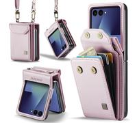HAII for Samsung Galaxy Z Flip7（2025） Wallet Case, Women Men RFID Blocking Hinge Protector Pu Leather Magnetic Closure Card Holder and Shockproof TPU Shoulder Strap Wrist Strap (Pink)