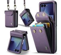 HAII for Samsung Galaxy Z Flip7（2025） Wallet Case, Women Men RFID Blocking Hinge Protector Pu Leather Magnetic Closure Card Holder and Shockproof TPU Shoulder Strap Wrist Strap (Purple)
