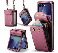 HAII for Samsung Galaxy Z Flip7（2025） Wallet Case, Women Men RFID Blocking Hinge Protector Pu Leather Magnetic Closure Card Holder and Shockproof TPU Shoulder Strap Wrist Strap (Red)